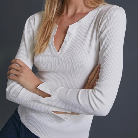 Anthropologie Tops - Anthropologie Pilcro Evanna White Ribbed Spliced Fitted Long Sleeve Top Small S